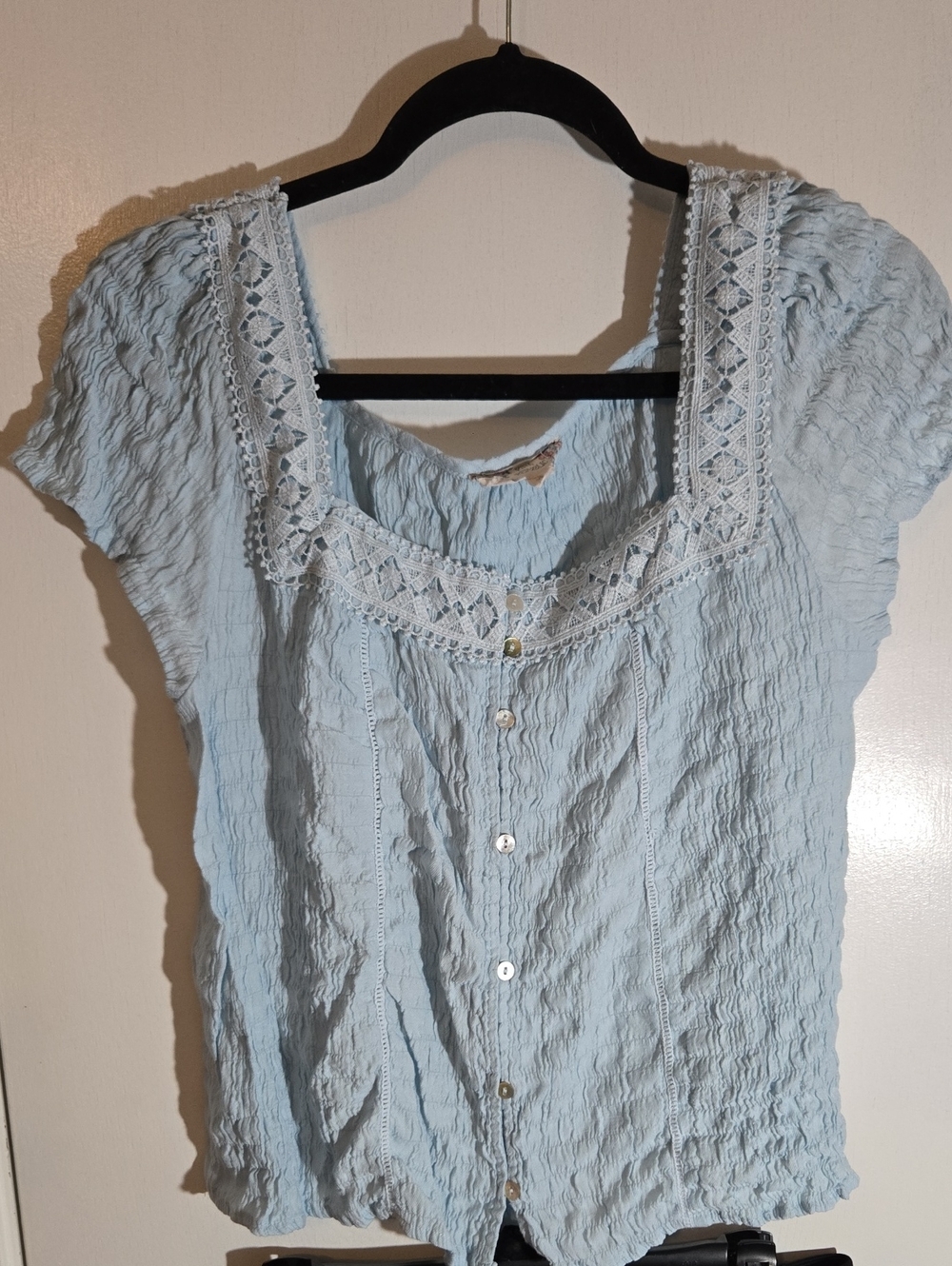 Pink Republic Pale Blue Button-Front Lace Trim Blouse
